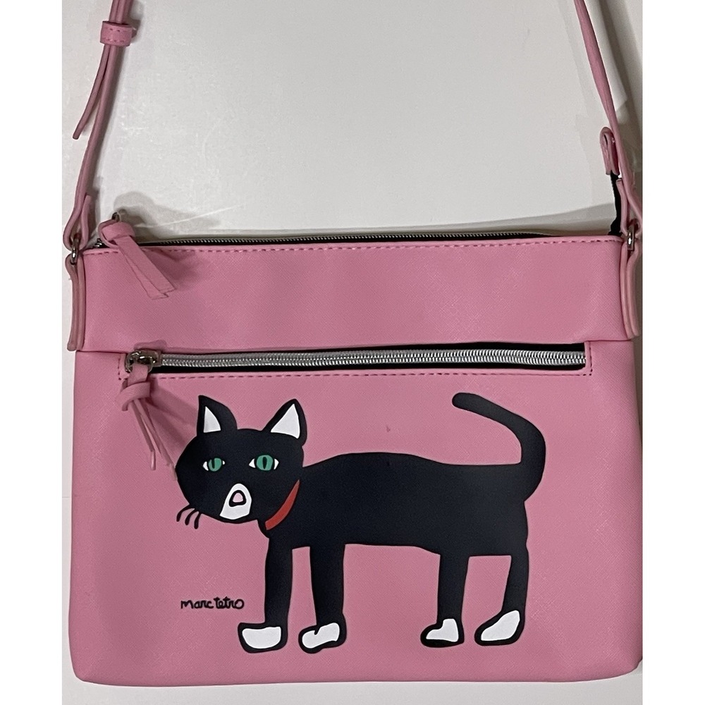 Marc Tetro Cat Crossbody Bag Pink Black Vinyl Shoulder Purse Adjustable